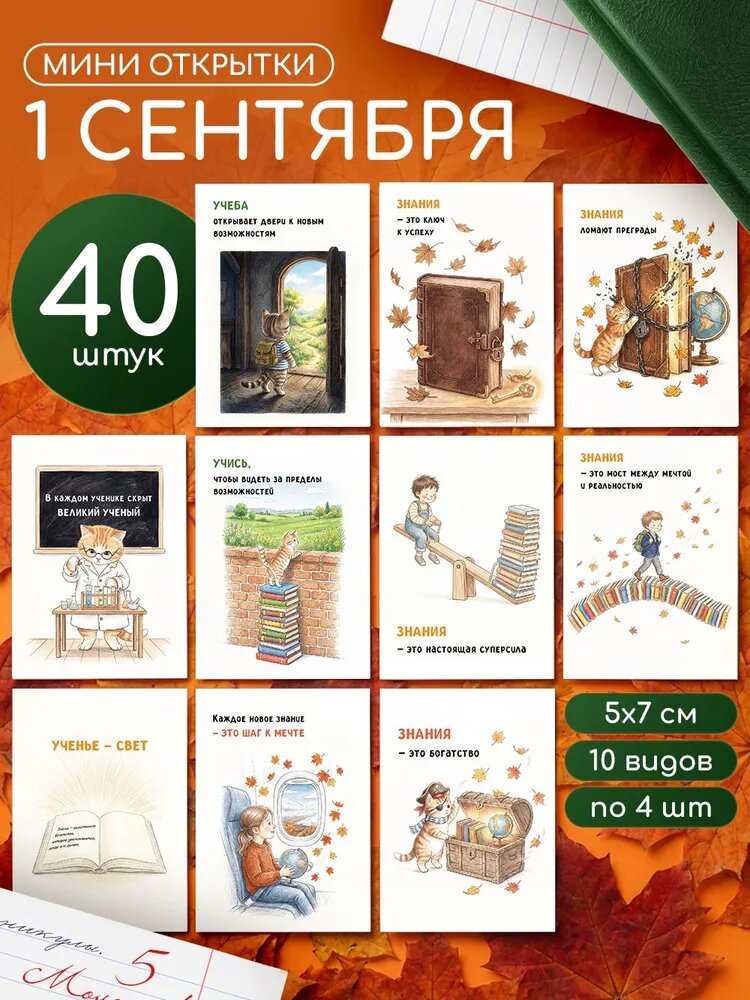 Мини открытки набор на 1 сентября подарок детям и учителю 10 видов по 4 штуки