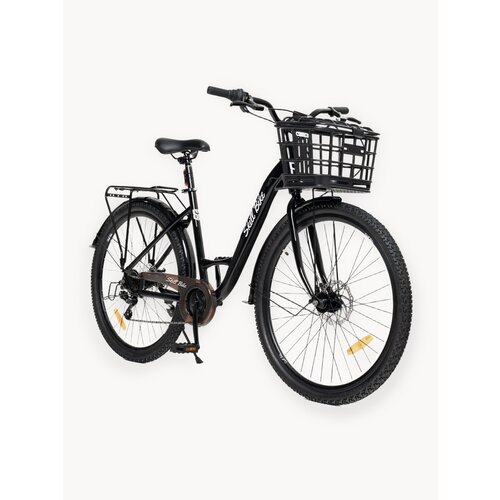 Велосипед взрослый женский городской с корзиной, стальная рама 18, колеса 27,5, 7 скор. черный, на рост 155-182