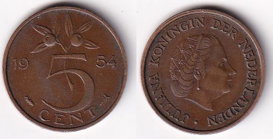 Нидерланды 5 центов 1954 год