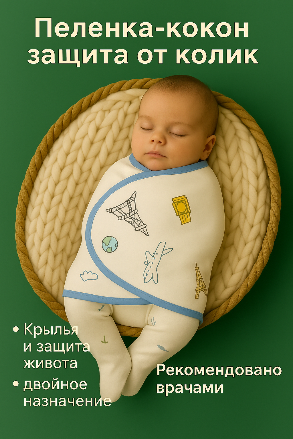 Пеленка-кокон, спальный мешок, 100% хлопок, для новорожденных, с липучками