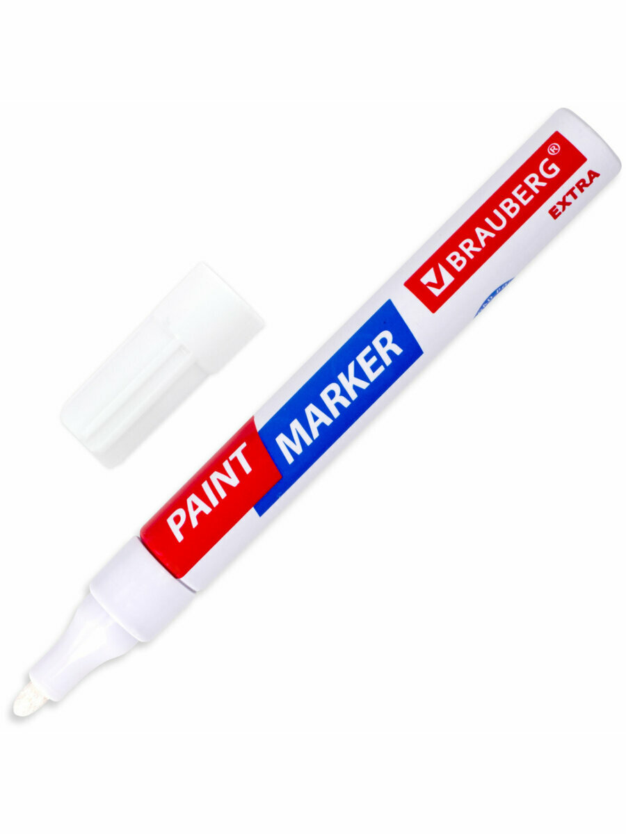 Маркер-краска лаковый paint marker по стеклу / бетону / авто Extra (paint marker) 4 мм, Белый, Усиленная Нитро-основа, Brauberg, 151978 — фото 1