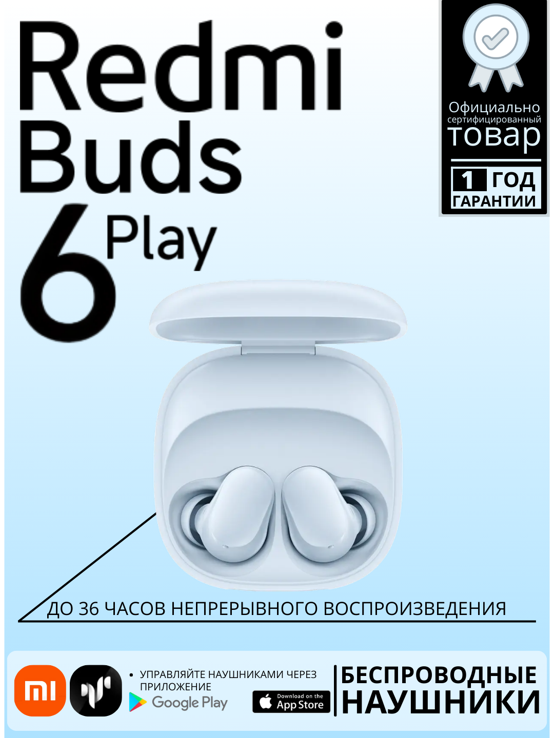 Наушники Redmi Buds Play 6 синий, беспроводные, внутриканальные, защита от воды, сенсорное управление