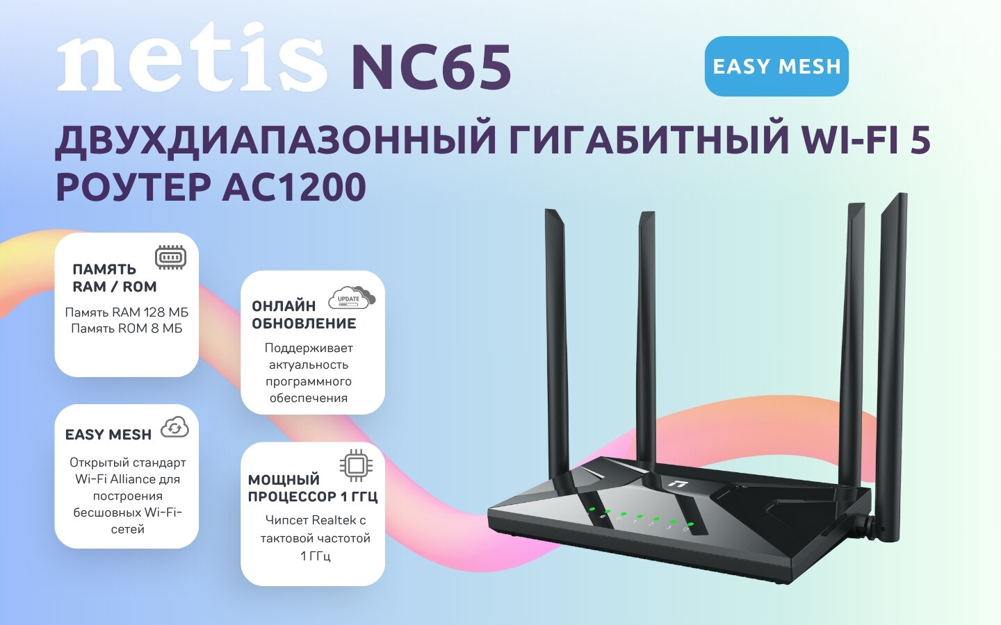 Роутер беспроводной Netis NC65 AC1200 10/100/1000BASE-TX черный