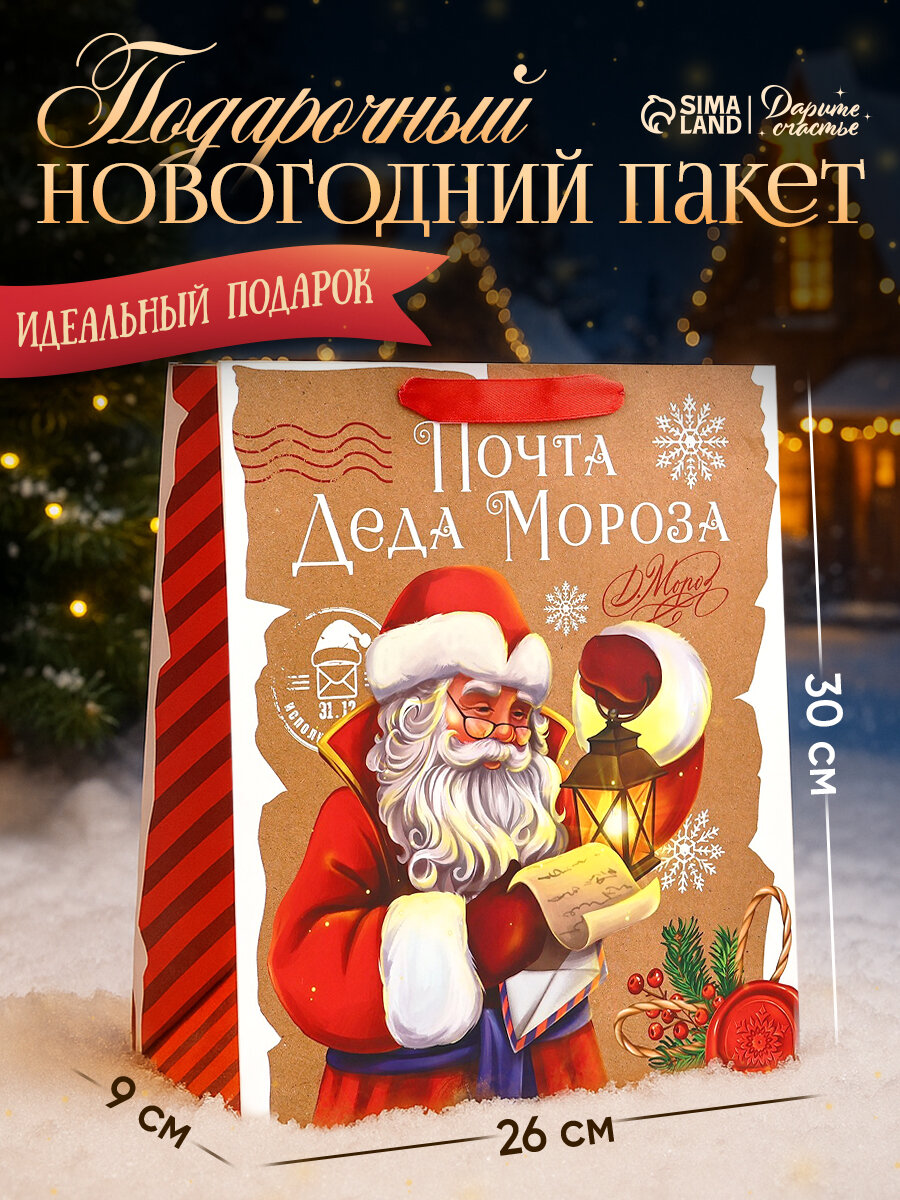 Подарочный пакет «Почта Деда Мороза» M 26 х 30 х 9 см новогодний коричневый для упаковки подарка на Новый год