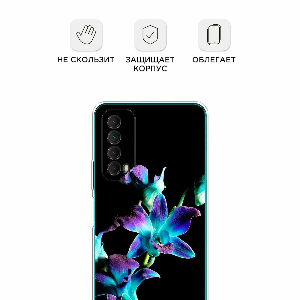 Чехол на Huawei P Smart 2021 / Хуавей П Смарт 2021 с принтом "Синий цветок на черном" — фото 1