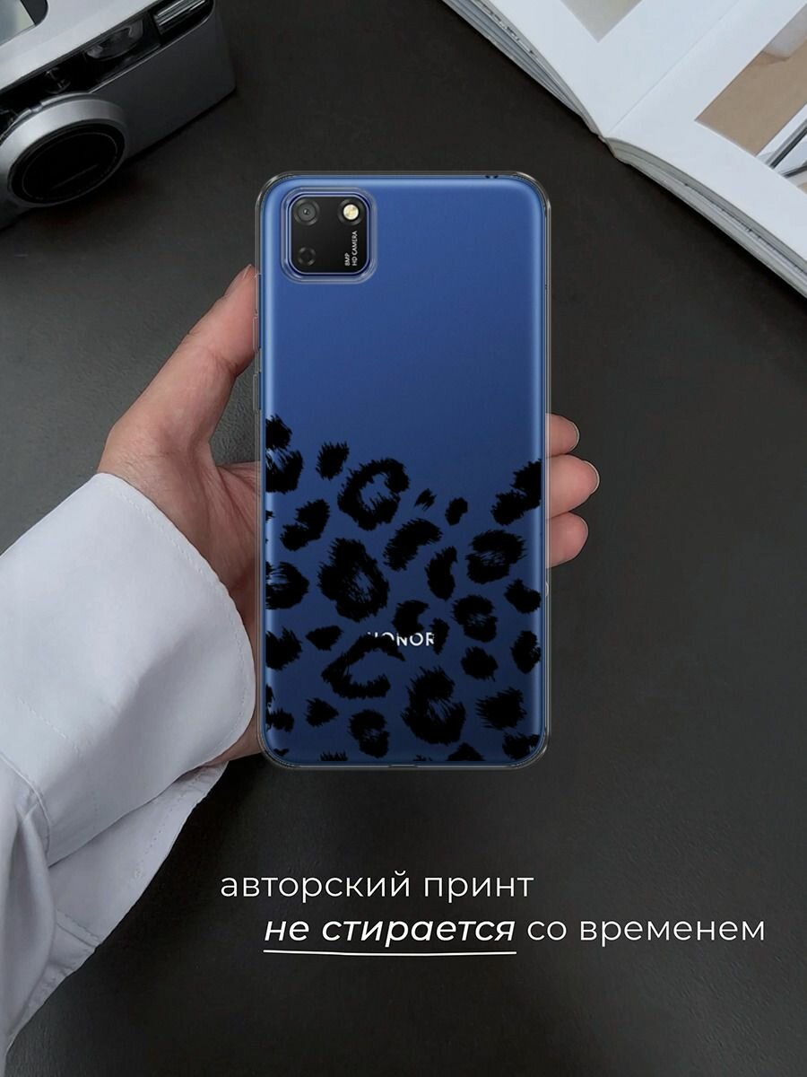 Чехол на Honor 9S/Huawei Y5p / Хонор 9S/Хуавей Y5p с принтом "Окрас леопарда фон черный", прозрачный — фото 1