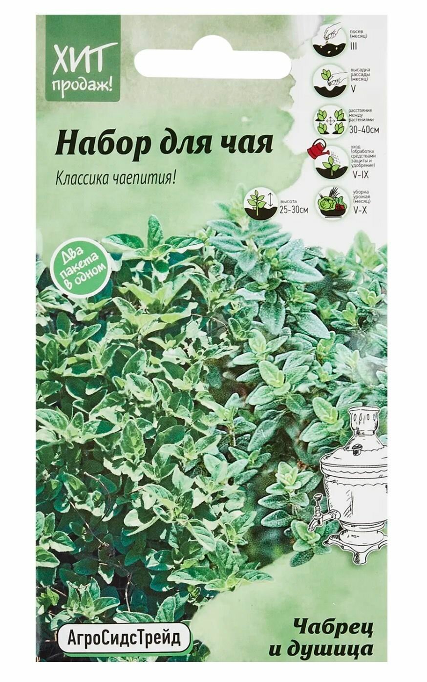 Набор семян для чая Чабрец и Душица душистые травы для выращивания дома на подоконнике и в саду на даче 1 пакет