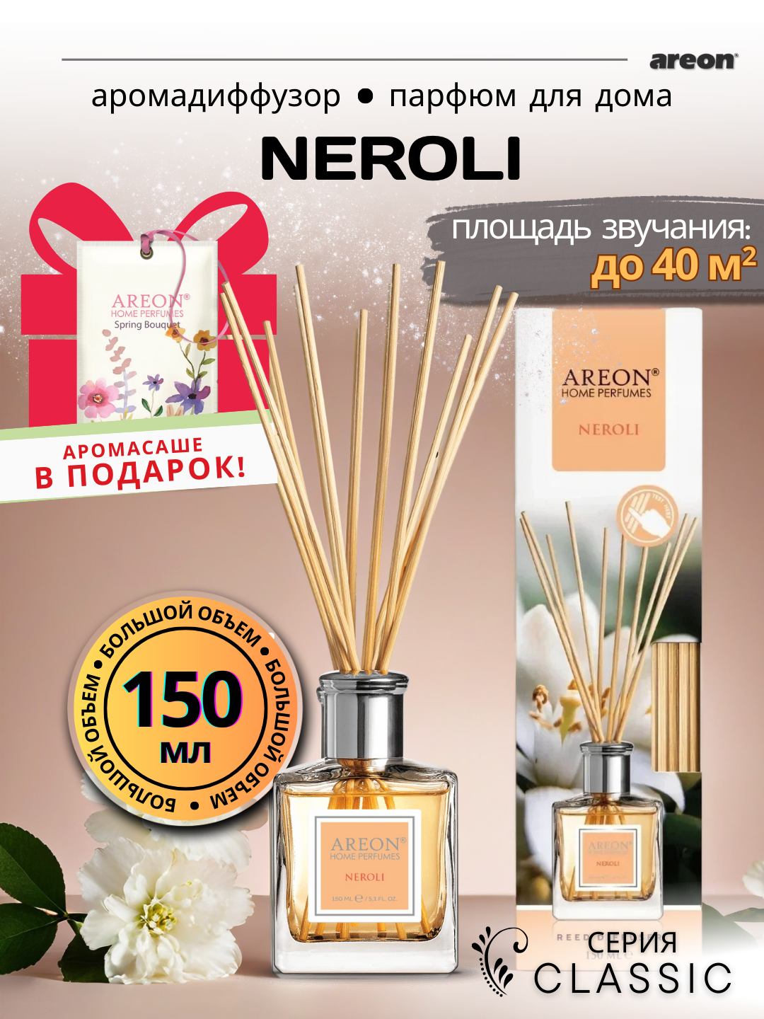 Ароматический диффузор для дома Areon Classic, аромат Neroli, 150 мл + аромасаше в подарок