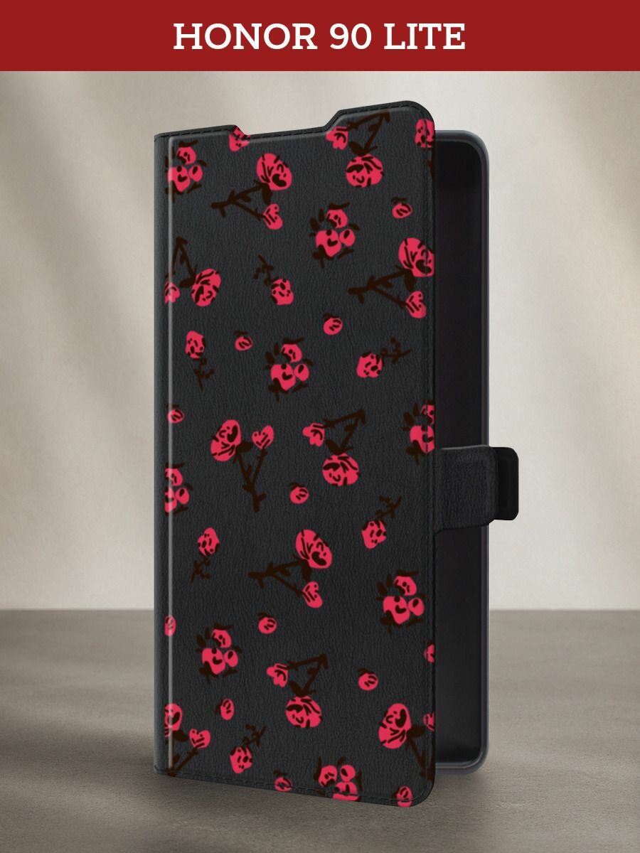Чехол-книжка на Honor 90 Lite / Хонор 90 Лайт с принтом Паттерн красные розы, черный