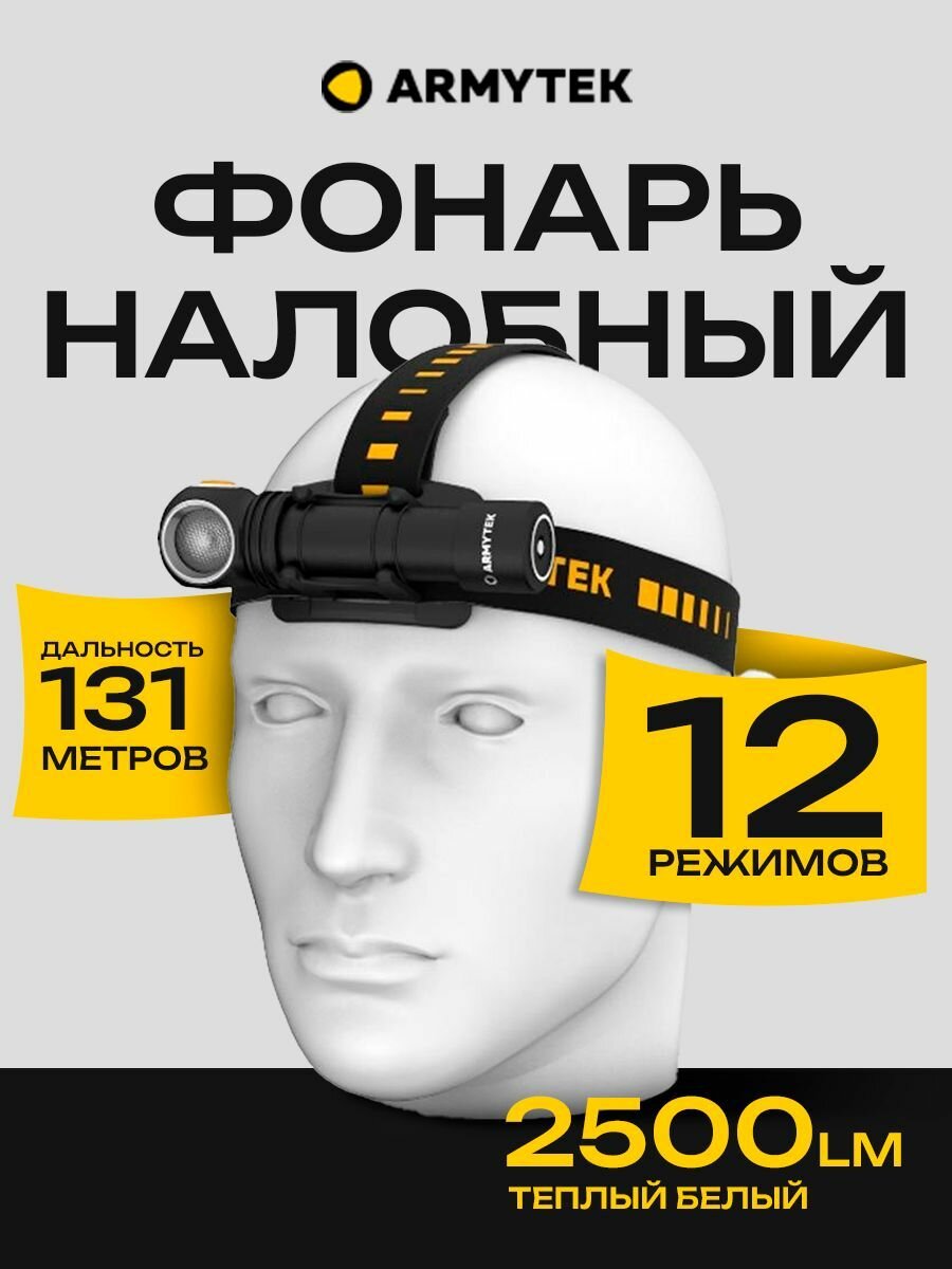 Фонарь налобный аккумуляторный Armytek Wizard C2 Pro Magnet USB XHP50.2, 2500 lm, белый, до 131м, 1x18650, IP68