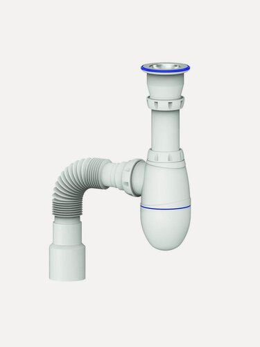 Изображение товара Сифон для мойки Unicorn В220, 1 1/2, 40х40/50, с выпуском и гофрой, белый полипропилен