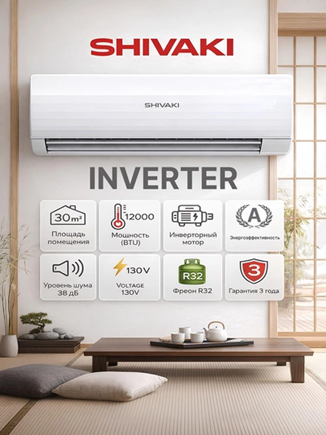 Кондиционер Shivaki SHVSIM5AW12BEL Inverter Freon 32R. энергоэффективности A охлаждение, обогрев,