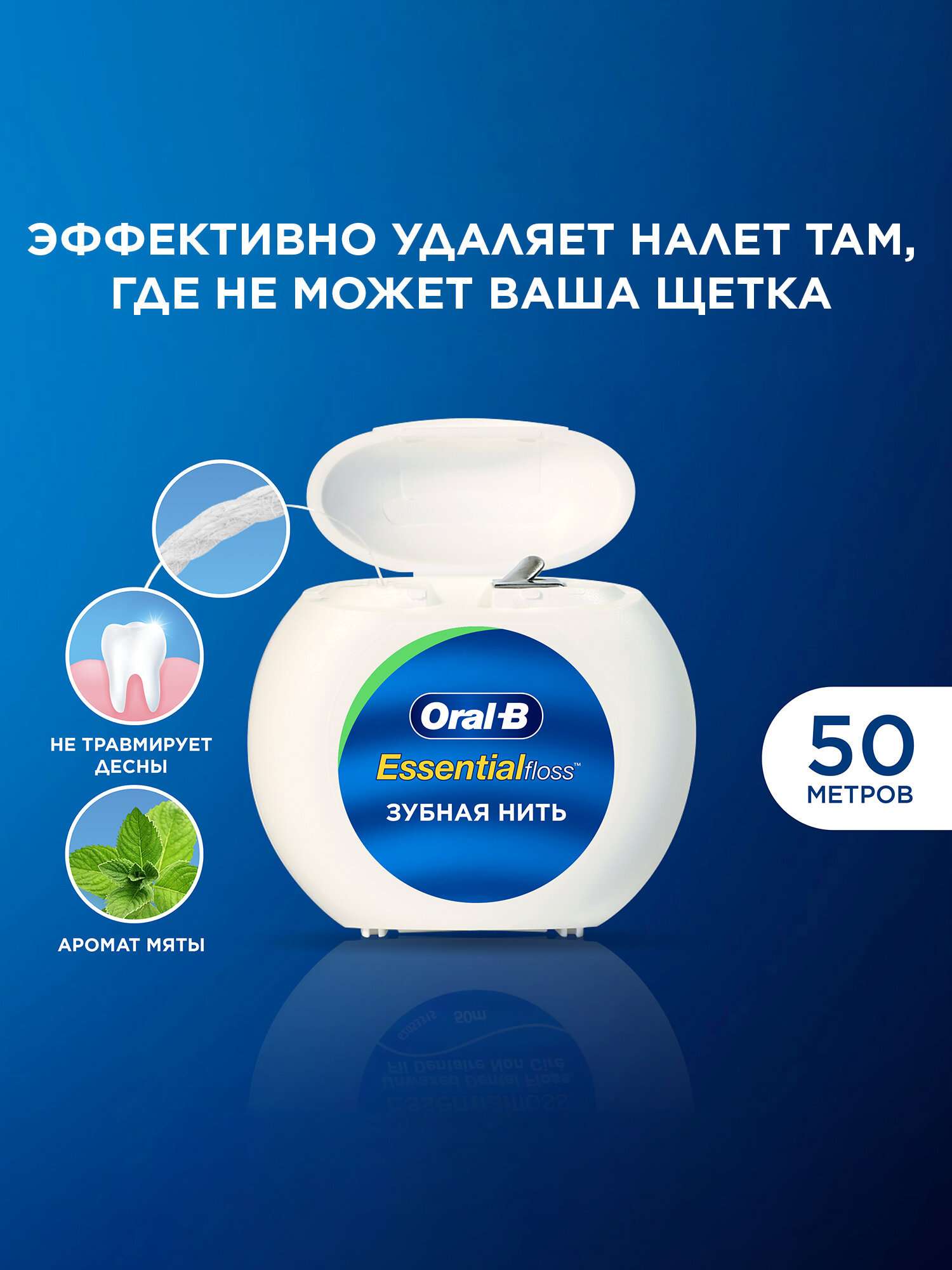 Oral-B зубная нить Essential вощеная, мята, белый