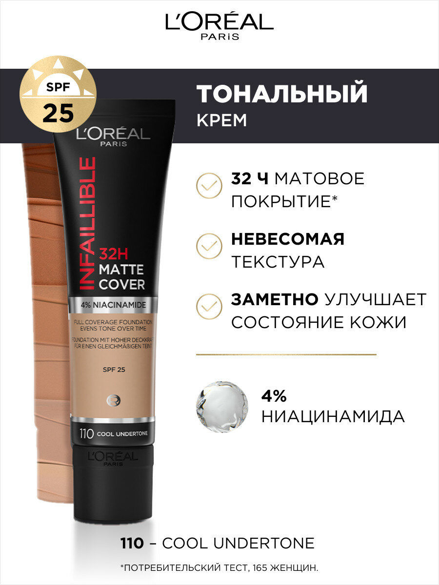 Ультраматирующий cтойкий тональный крем INFAILLIBLE 32ч Матовое Покрытие, тон 110, 30МЛ