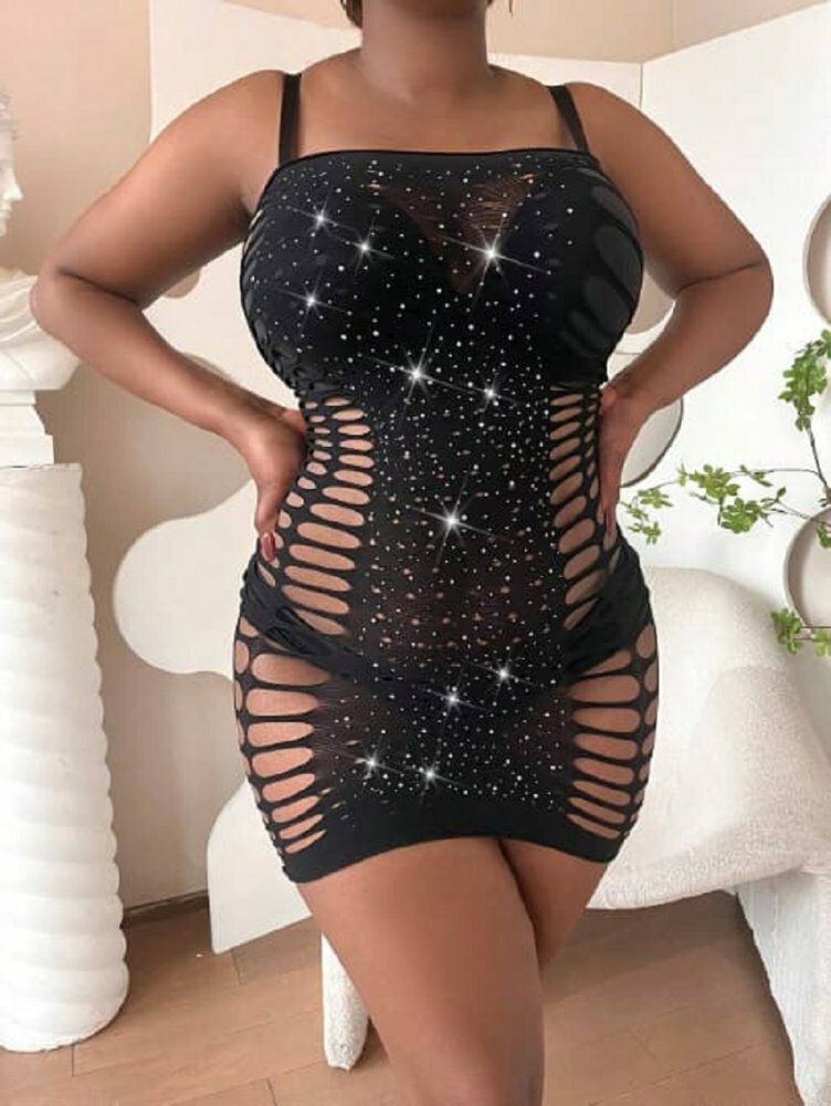 Платье сетчатое Shans с мерцающими стразами, черное, размер XXL/XXXL