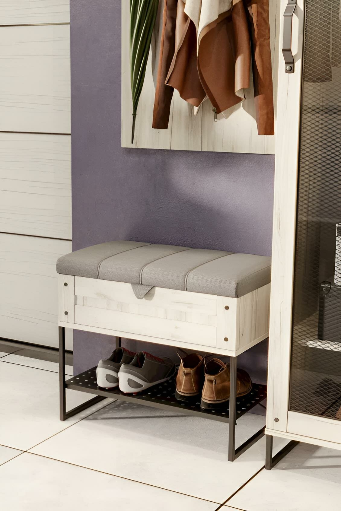 Банкетка-обувница в прихожую с ящиком Сидней, 60 х 35 х 52.8 см, Дуб Крафт белый/Серый