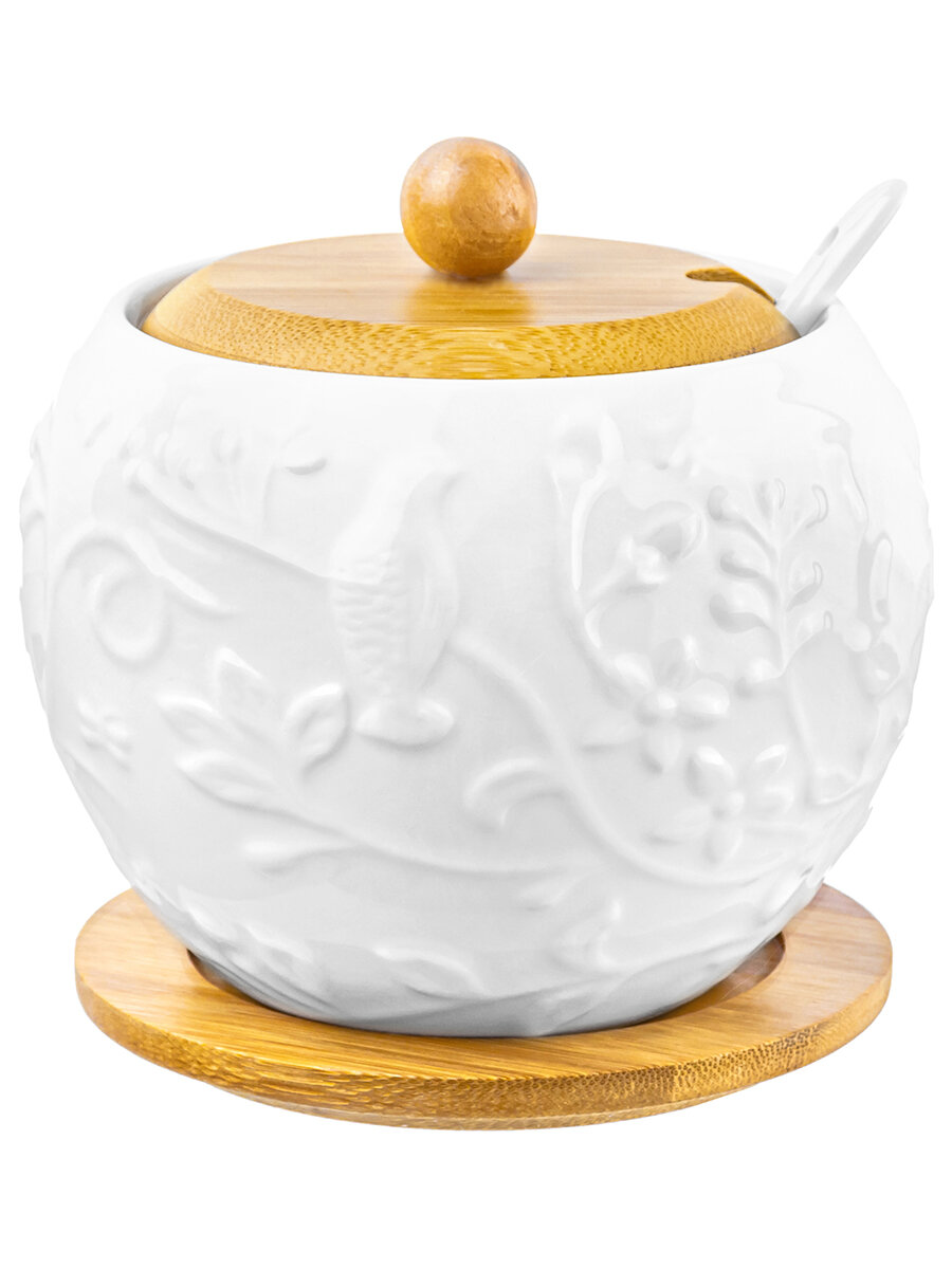 Сахарница Elan gallery "Птички на ветке", 620 мл, фарфор, бамбук — фото 1