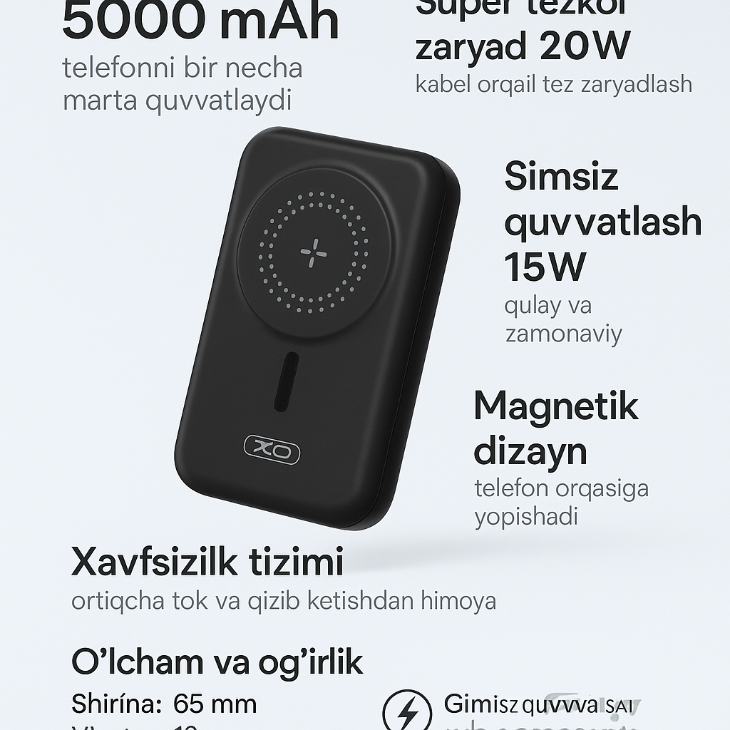 Внешний аккумулятор XO Mini Power Bank XO-PR153, беспроводной, магнитное крепление, 5000мА, черный