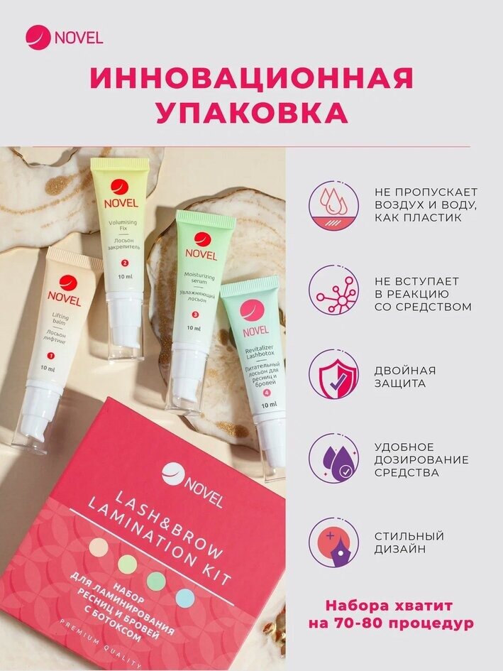 NOVEL Составы для Ламинирования ресниц и бровей с ботоксом, 4х10 мл — фото 1