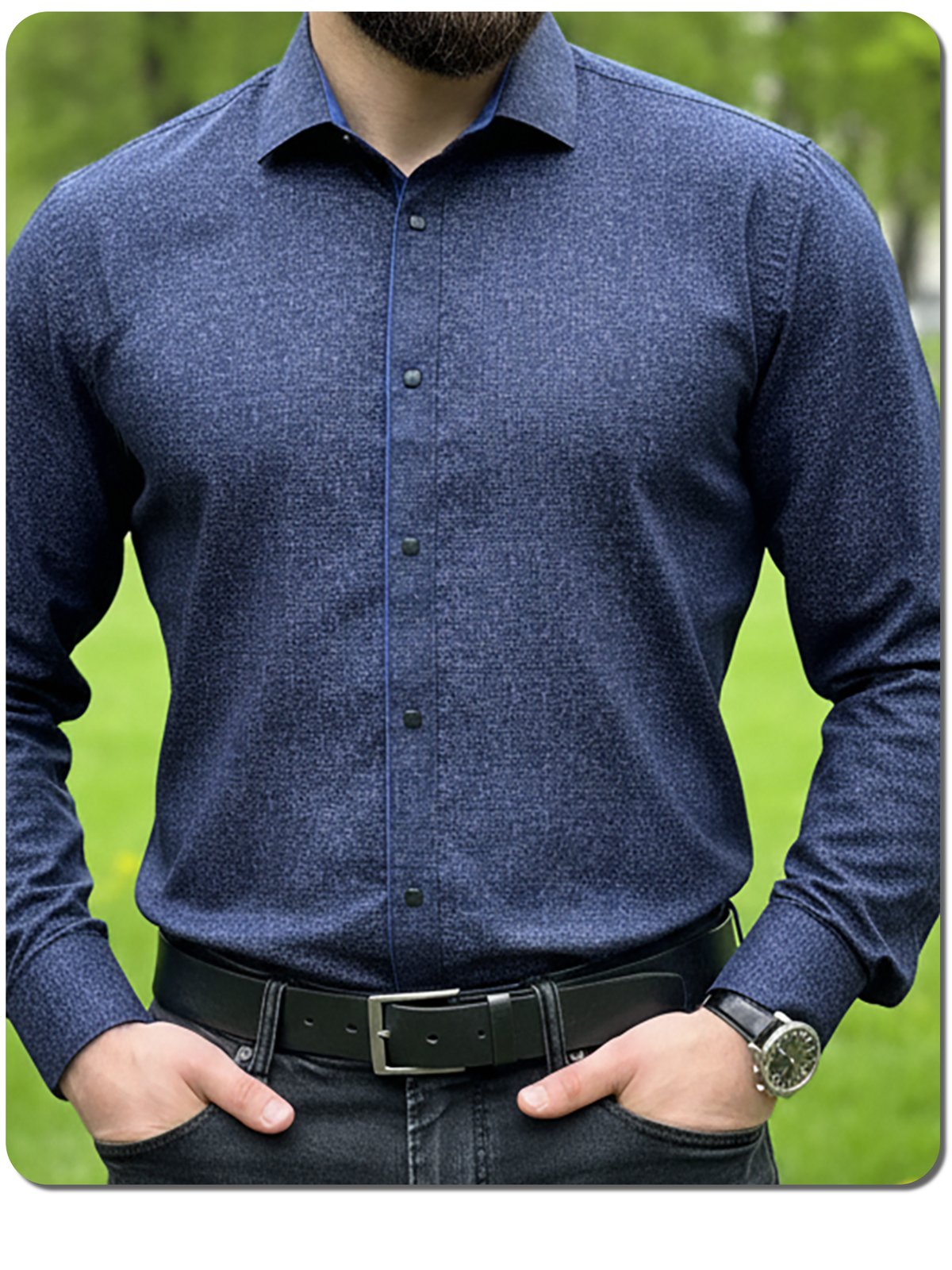 Рубашка Alexander Matin Мужская рубашка с длинным рукавом приталенная, темная сорочка на кнопках, рубаха на любой сезон, синяя в мелкий рисунок, без карманов, с отделкой рубашка Slim fit с приталенным кроем зауженная, размер 7XL, синий