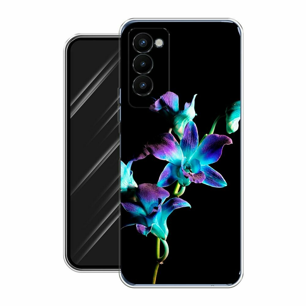 Чехол на Tecno Camon 18P / Техно Камон 18Р с принтом "Синий цветок на черном" — фото 1