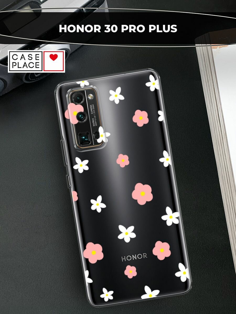 Чехол на Honor 30 Pro Plus / Хонор 30 Про Плюс с принтом "Розовые и белые цветы", прозрачный