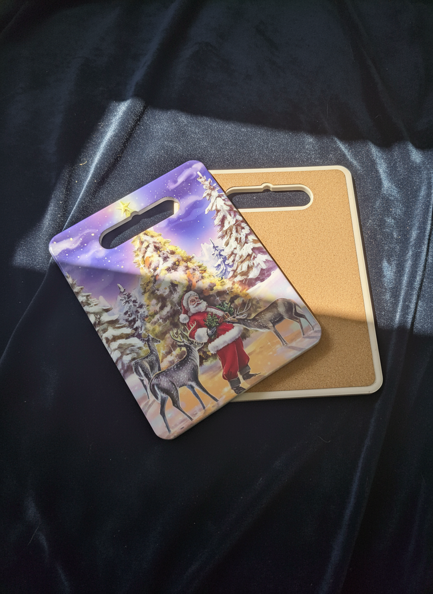 Подставка под горячее "Новогодний сюжет Дед Мороз с оленями у ёлки" керамика/пробка 20*15*0.5 см