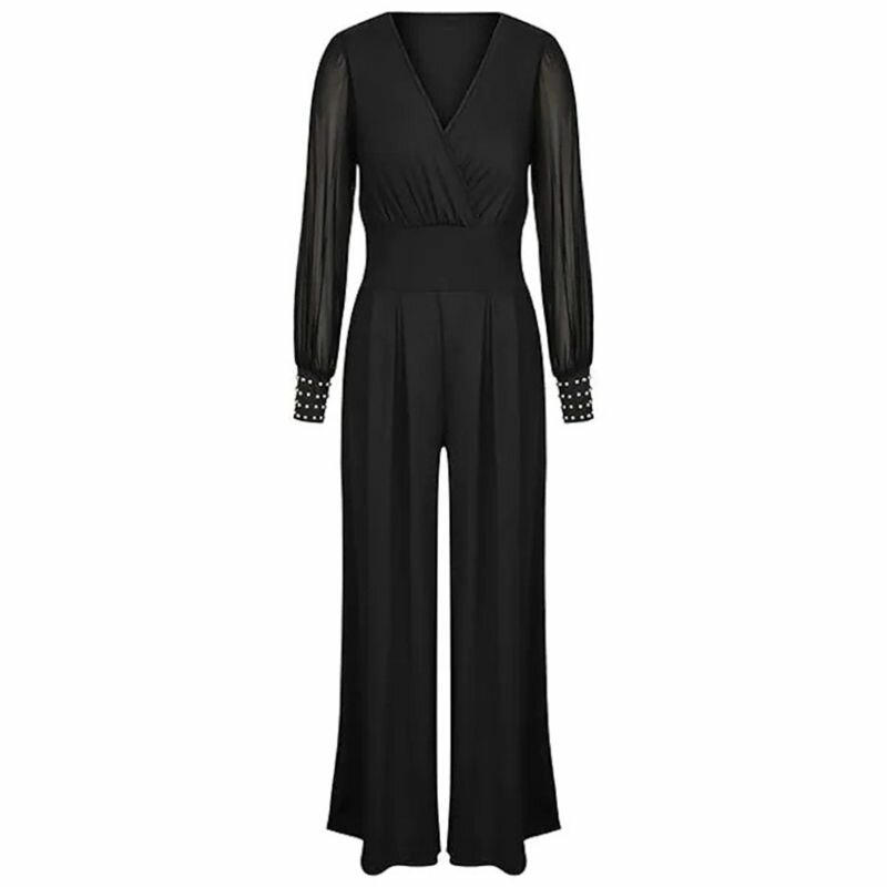 Женский комбинезон с прямыми штанинами из сетчатой ткани v-образным вырезом и прострочкой-черный-M