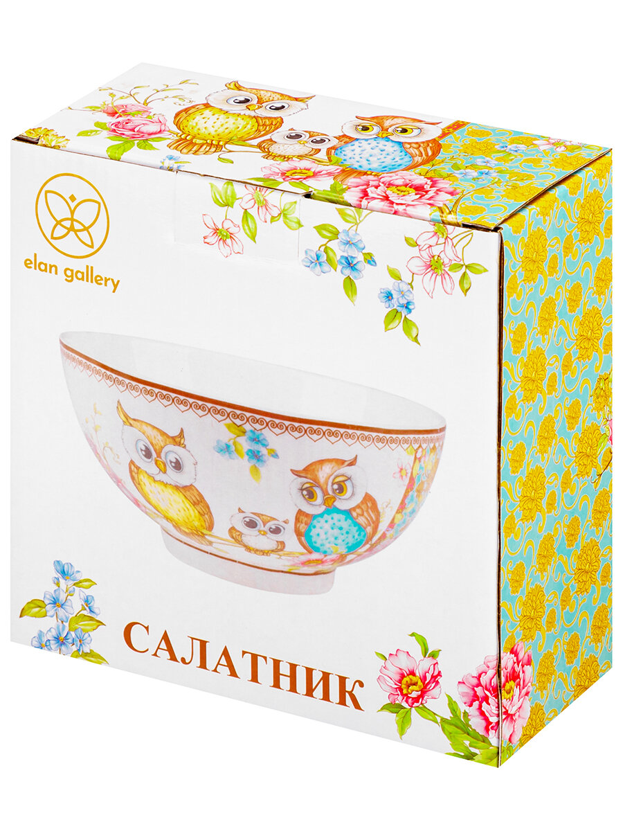Салатник круглый 600 мл Elan Gallery Совушки, фарфор, 15х15х7 см — фото 1