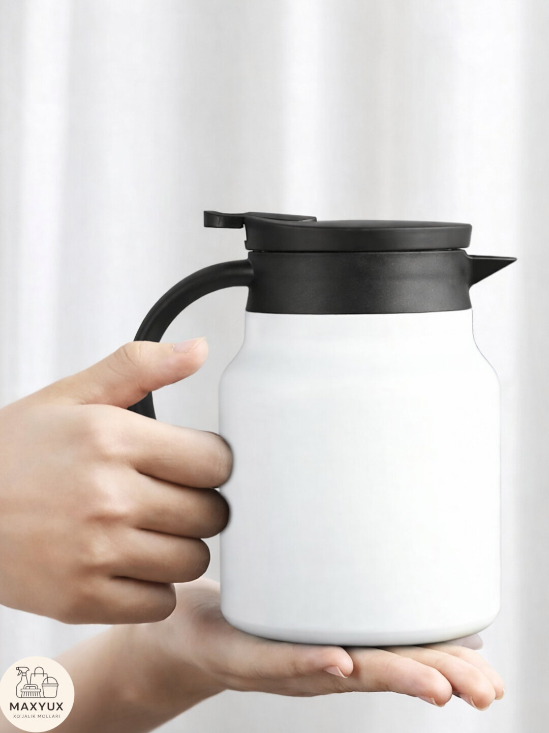 Термос чайник, металлический, вакуумный, для горячего чая и кофе - Белый