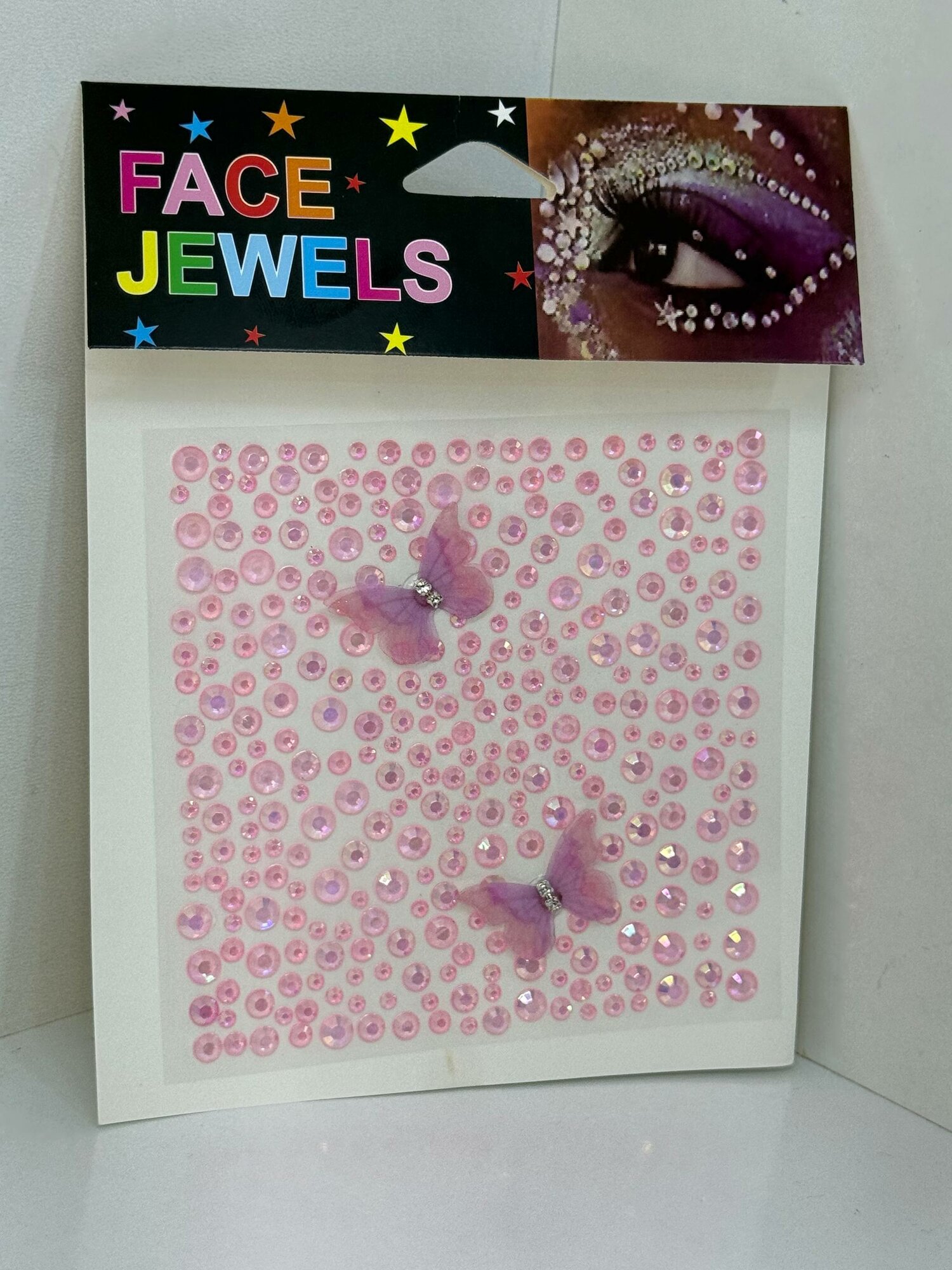 Самоклеящиеся стразы для лица и тела "Face Jewels", розовые с бабочками