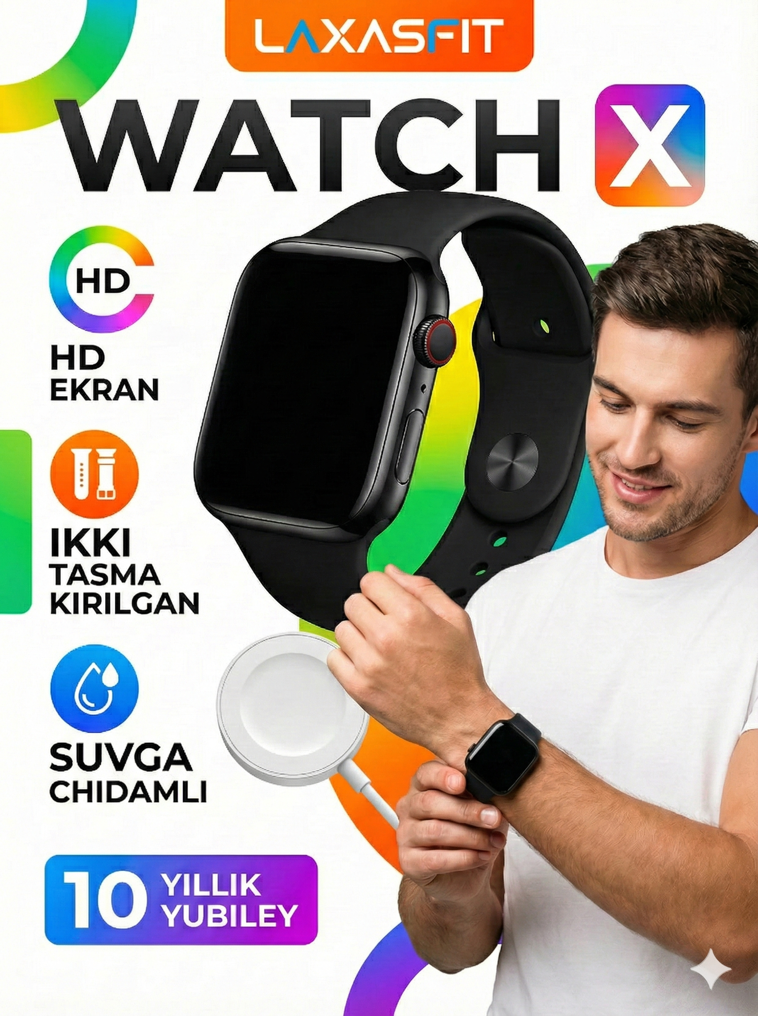 Умные часы Watch X — HD-экран, 2 ремешка (Ocean + силиконовый), беспроводная зарядка, водонепроницаемые, черные