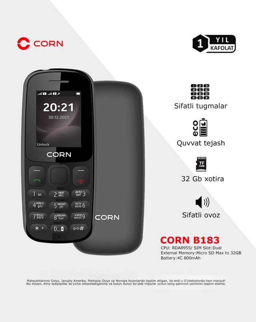Мобильный кнопочный телефон CORN B183 Dual SIM, microSD, 32GB