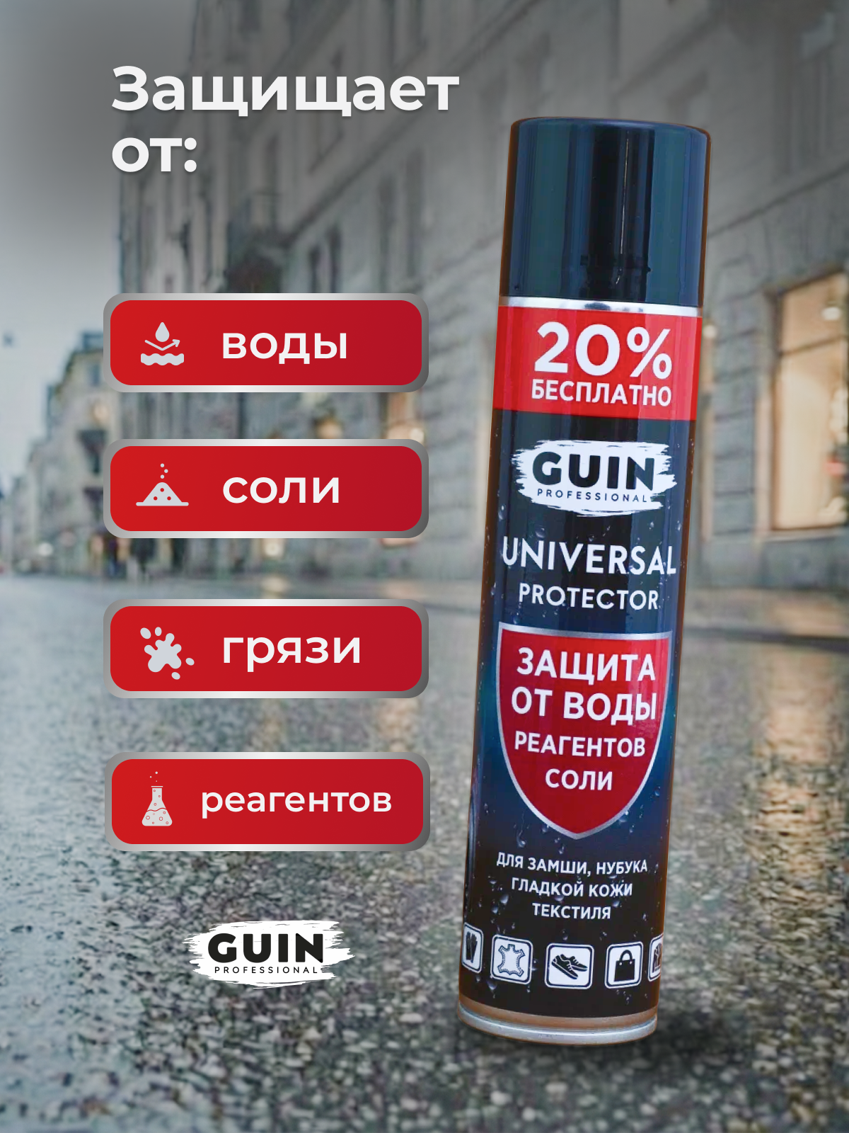Водоотталкивающая пропитка GUIN 300 мл для обуви одежды сумок, защита от воды и грязи — фото 1