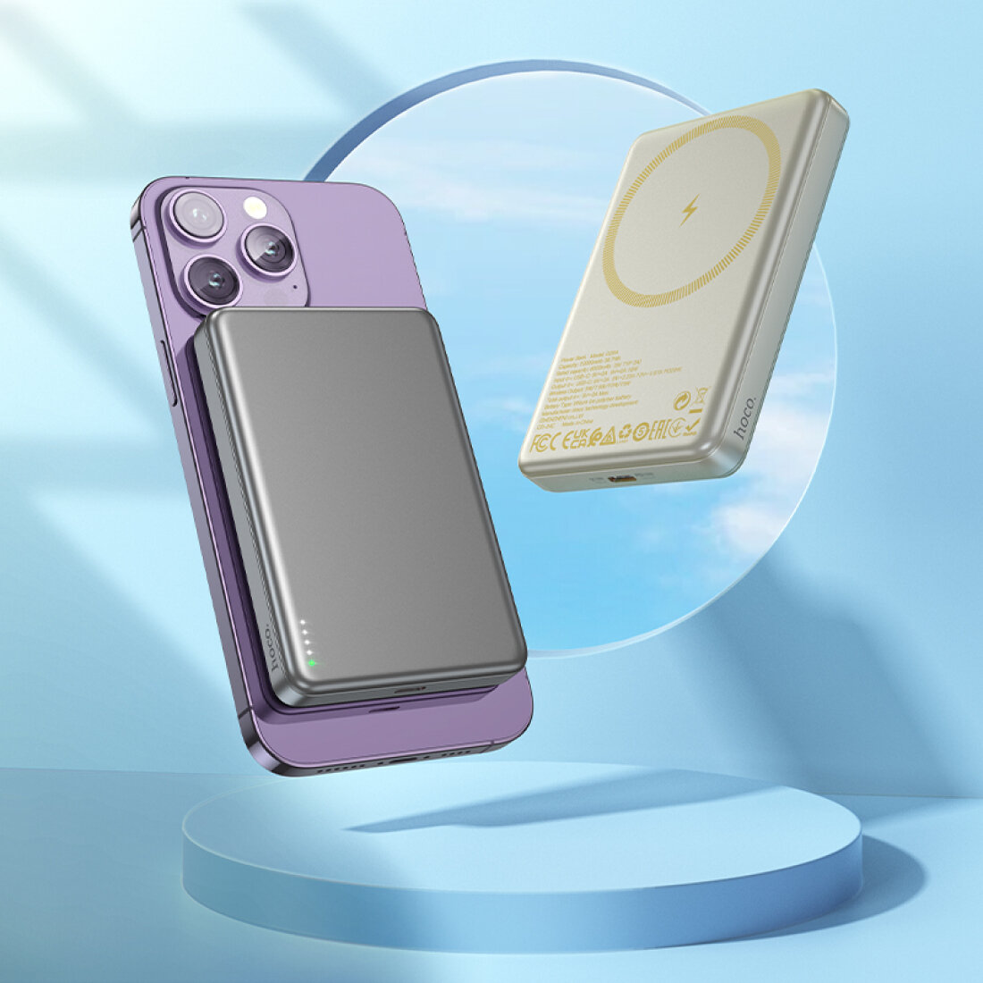 Универсальный Доп. Аккумулятор 10000mAh, Q26A, HOCO, 1 PD 20W, беспроводная зарядка (MagSafe), металлический серый — фото 1