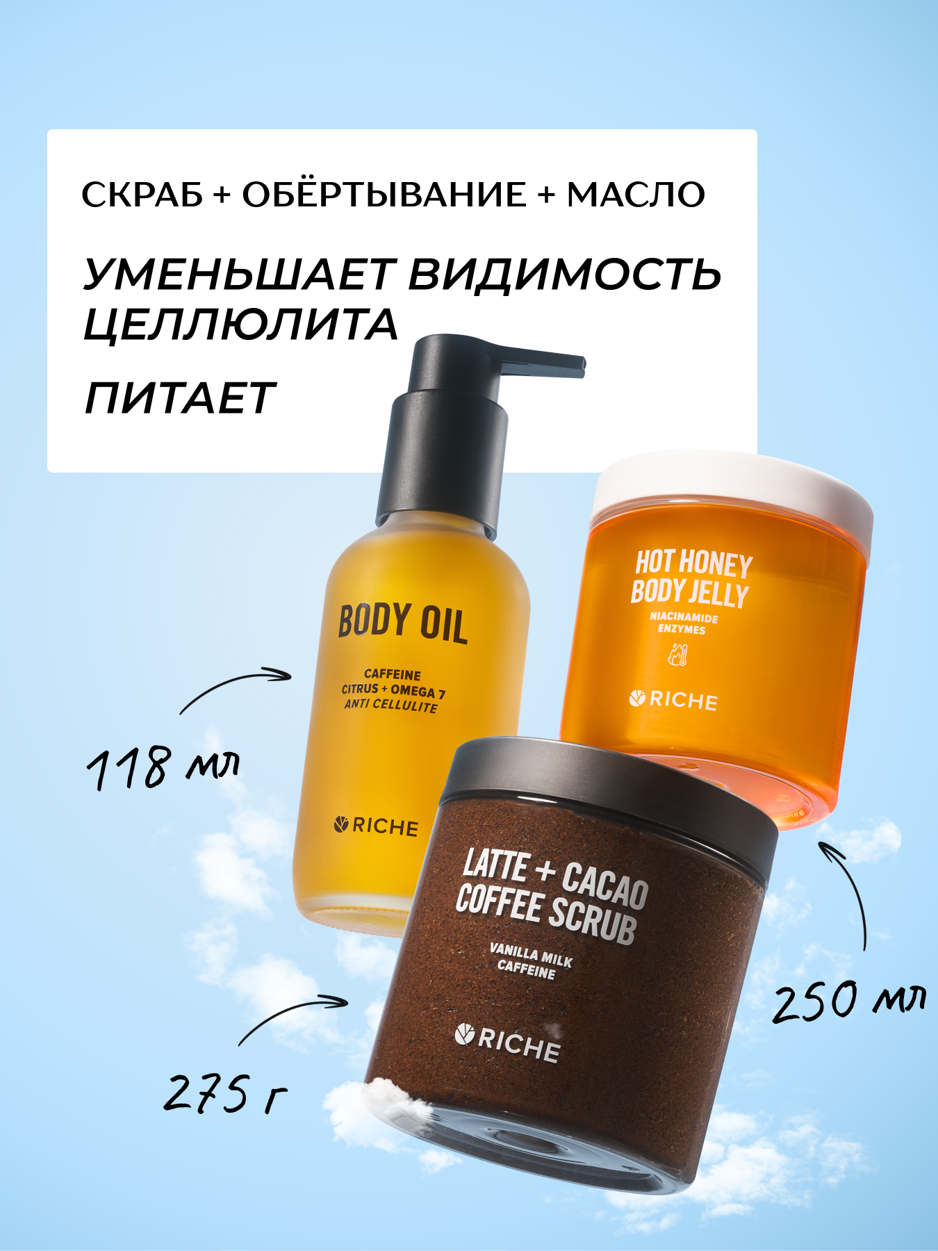 RICHE Набор для тела: скраб Ореховое какао + согревающее обёртывание + антицеллюлитное масло