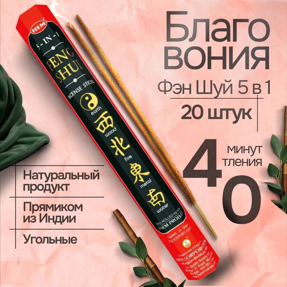 Благовония HEM Feng Shui 5 in 1 (Фэн Шуй 5 в 1), 20 палочек