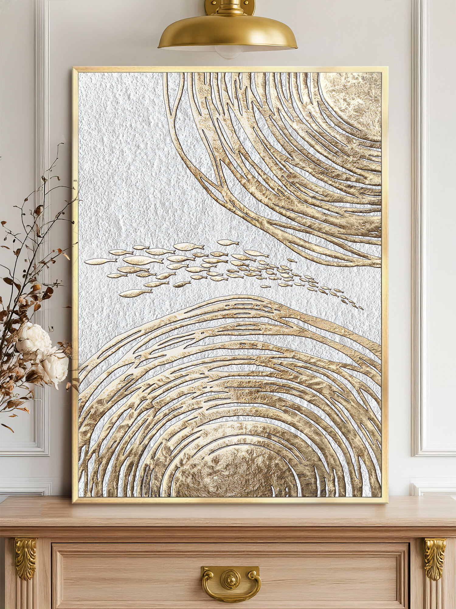 Картина  золотая медитация 1  53х73   интерьерная картина в раме  вертикальная  на бумаге  Арт Хаус