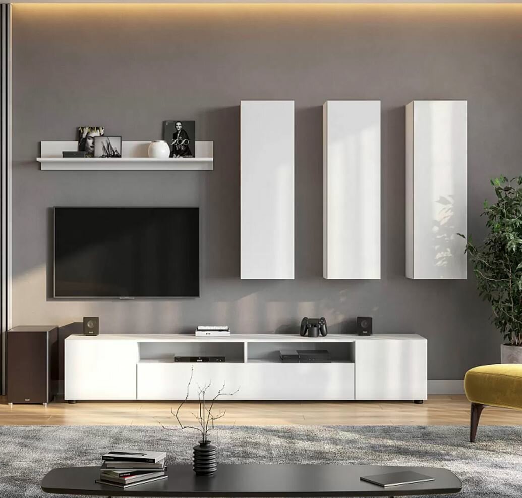 Гостиная комплект Тайлер настенная полка ТВ тумба шкаф навесной Белый текстурный