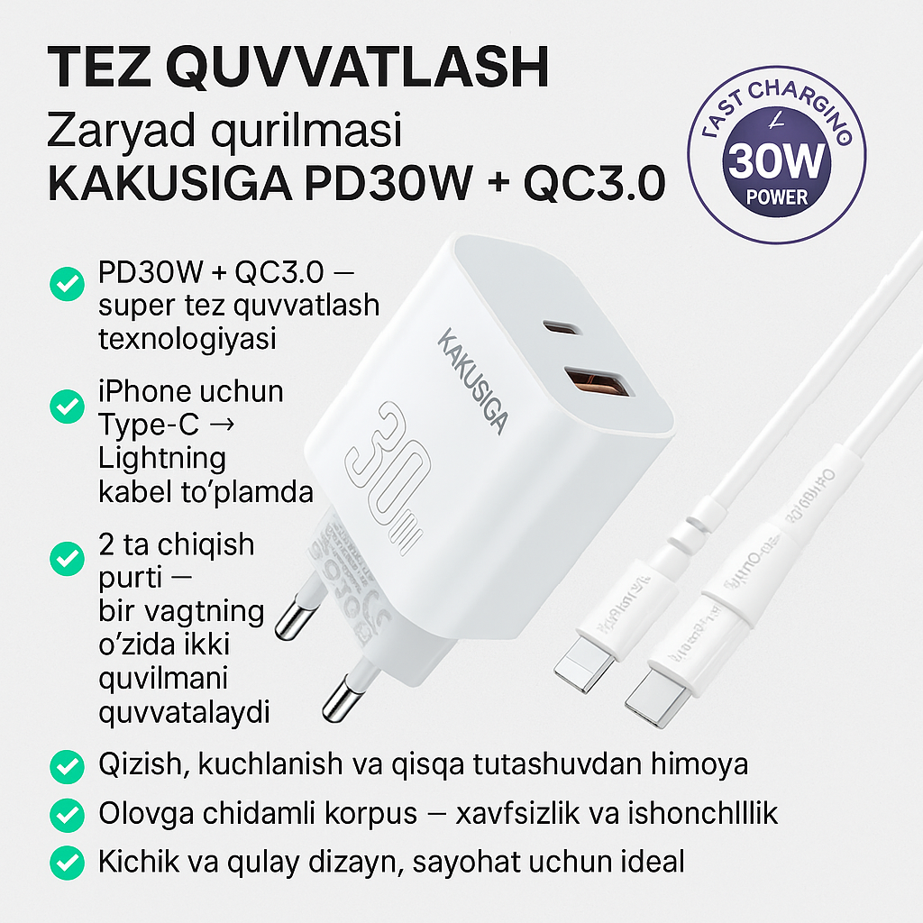 Зарядное устройство Kakusiga PD30W + QC3.0 | Быстрая зарядка | Кабель Type-C - Lightning, белый