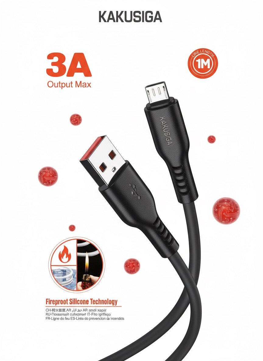 Кабель KAKUSIGA USB - Micro 3A огнестойкий силиконовый, длина 1 метр
