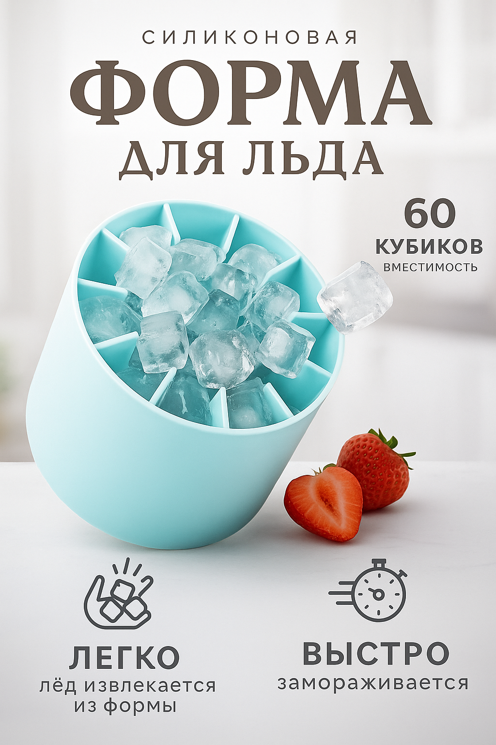Форма для льда круглая 60 кубиков / подарок в комплекте/ силикон / форма ледяные кубики / цвет голубой