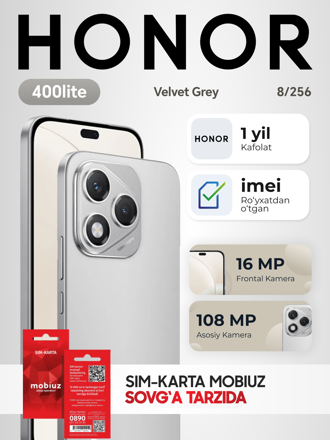 Смартфон Honor 400 Lite, 8GB/256GB, AMOLED 120Hz, IP65, защита от воды и пыли, цвет Gray