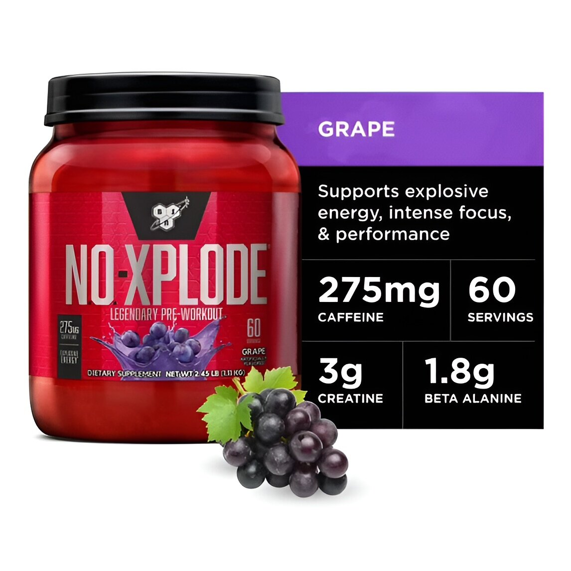 Предтренировочный комплекс BSN N. O.-XPLODE Pre Workout Grape, 30 порций, 555 г