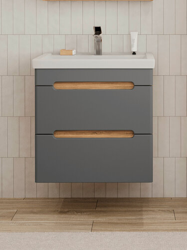 Изображение товара Тумба подвесная SanStar Diva 60 с раковиной Фостер 60 (комплект) для ванной комнаты, дуб вотан, графит софт