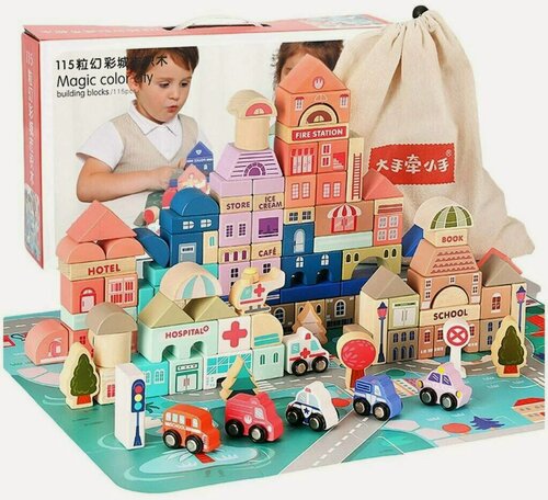 Изображение товара Оригинальный Детский Деревянный Конструктор Magic Color City, из древесины твердых пород. 115 деталей, блоков.