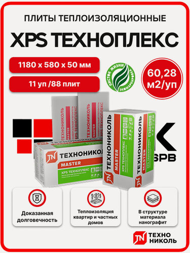 Изображение товара Технониколь XPS Техноплекс 50 мм (11уп/ 60,28 м2 / 88 плит) утеплитель из пенополистирола для стен, балкона, крыши, пола