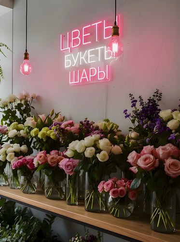 Изображение товара Неоновая вывеска "Цветы, букеты, шары" 51х41 см, неоновая надпись, LED светильник для магазина цветов