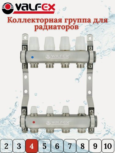 Изображение товара Коллекторная группа из нержавеющей стали для радиаторов 1"х3/4" Valfex 4 отвода