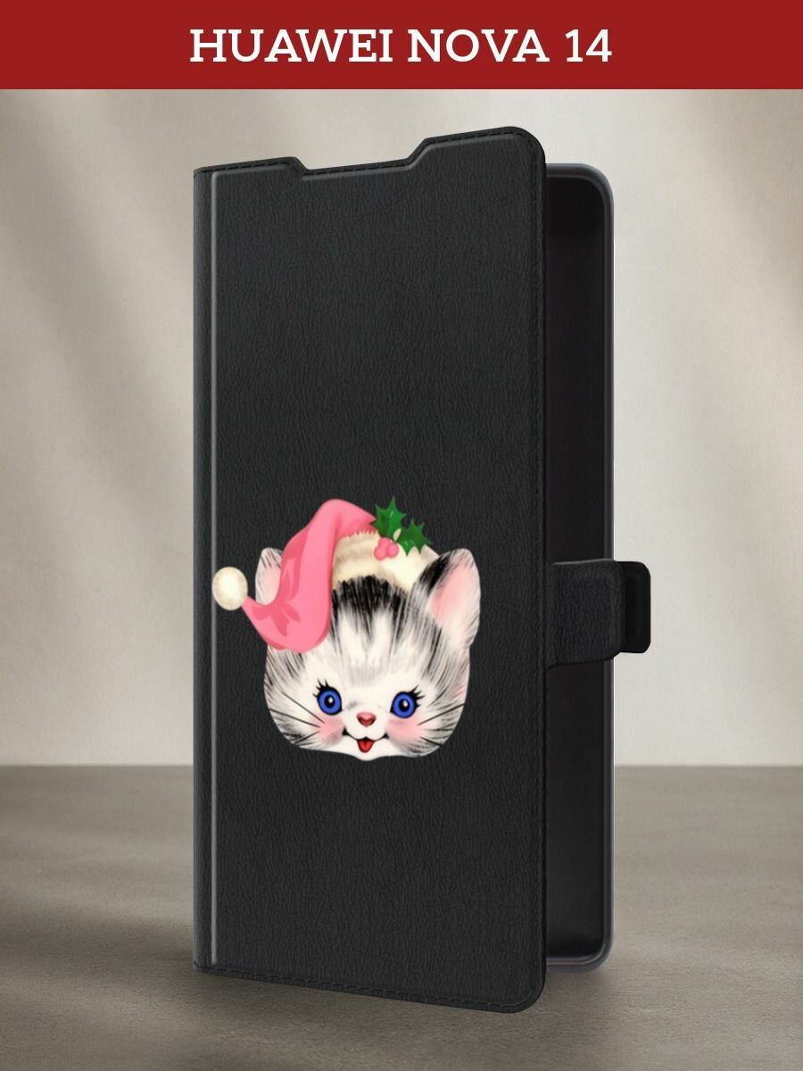 Чехол-книжка на Huawei Nova 14 / Хуавей Нова 14 с принтом Котик в шапке, черный